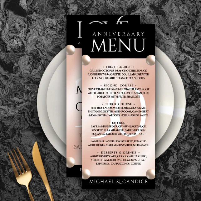 Elegant 30th Pearl Wedding Anniversary Celebration Menu