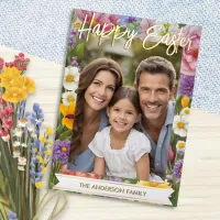 Happy Easter Spring Flowers Family Photo Floral Foil Holiday Card