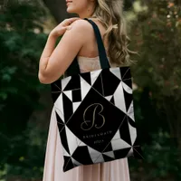 Geometric Black, White & Gold Monogram Bridesmaid Tote Bag