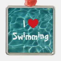 I Love Swimming Red Heart with Aqua Pool Water Metal Ornament