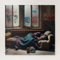 Homeless Man Sleeping in Abandoned Building   Jigsaw Puzzle