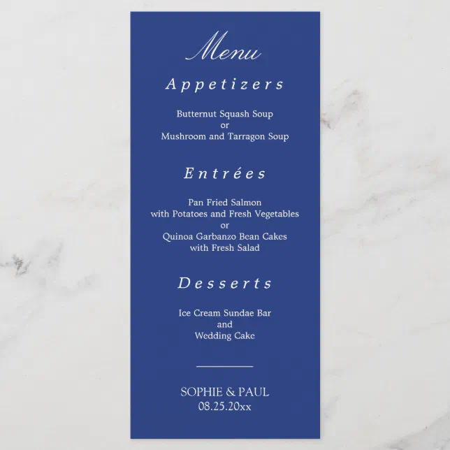 Elegant Dark Blue Wedding Menu