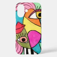 Abstract Face Artsy Cubism Fun Yellow Blue Pink iPhone 16 Case