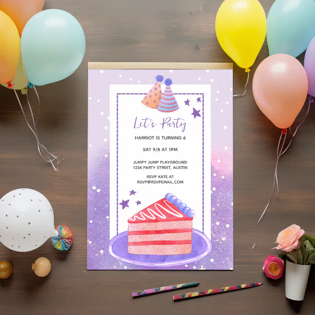 Purple Watercolor Cute Cake kid Birthday Party Invitation