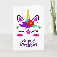 Unicorn Face Birthday, Red and Blue Floral, ZKOA Card