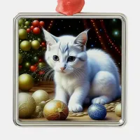 White Kitten Playing with Gold Christmas Ornaments