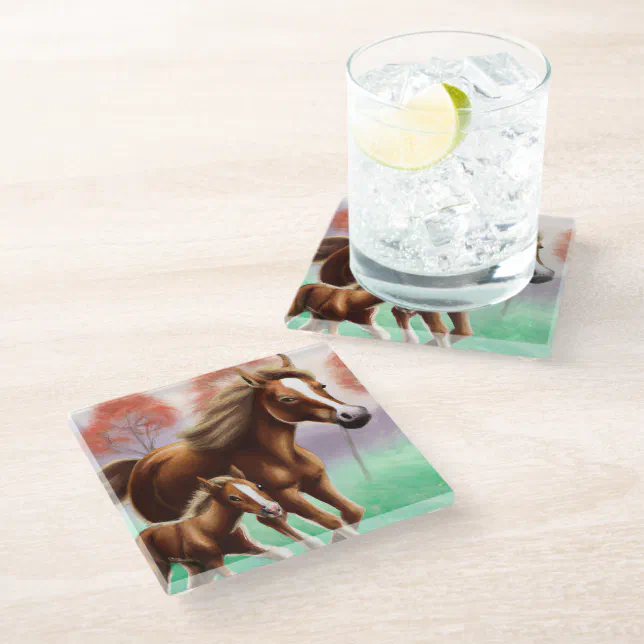 Mother Horse and Colt Galloping Through the Grass Glass Coaster