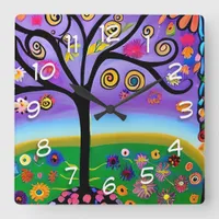 Whimsical Folk Art Style Tree Square Wall Clock