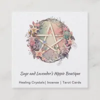 Watercolor Pentagram and Flowers Square Business C Square Business Card