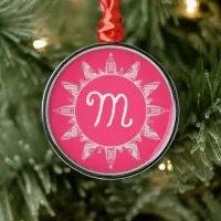 Pink White Monogram Snowflake Star Christmas Tree Metal Ornament