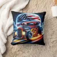 Classic hot rod with flames cruising at sunset throw pillow