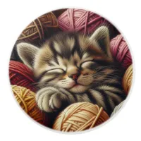 Cute Gray Striped Kitten Napping in Yarn Ceramic Knob
