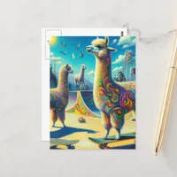 Funny Colorful Skateboarding Alpaca Postcard