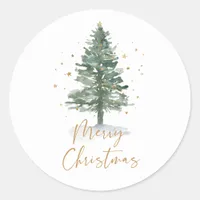 Watercolor Pine Christmas Tree Gold Classic Round Sticker