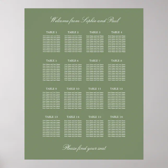 Sage Green 16 Table Wedding Seating Chart Poster