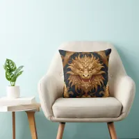 Golden Dragon Portrait on Deep Blue Throw Pillow