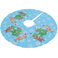 Kawaii Animals Dancing Christmas Tree Snow Blue Brushed Polyester Tree Skirt