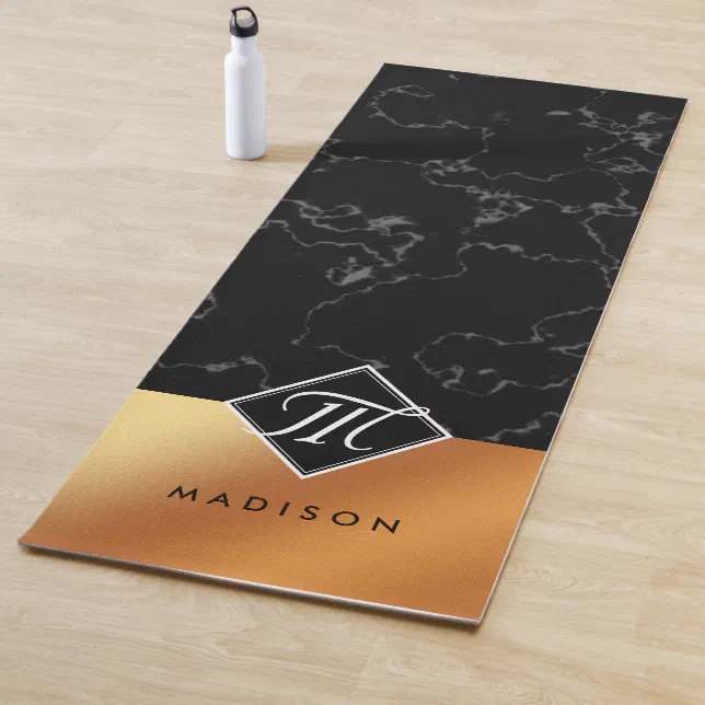 Elegant Black Marble & Copper Foil Script Monogram Yoga Mat