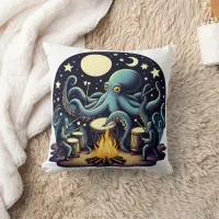 Octopus Drumming by Moonlit Campfire Throw Pillow