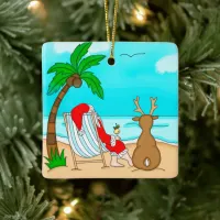 Snowbird Christmas, Santa and Reindeer on Beach  Ceramic Ornament