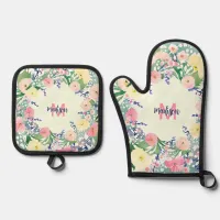 Personalized Monogram Script Nature Boho Floral Oven Mitt & Pot Holder Set