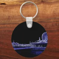 Santa Monica Pier Blue Neon Night Photo Edit Keychain