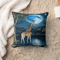 Giraffe Standing by River Under Moonlit Sky Throw Pillow