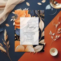 Navy, Burnt Orange & Champagne Floral Wedding Tri-Fold Invitation