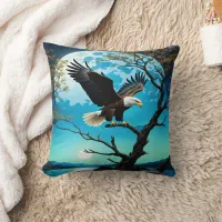 Eagle Perched on Tree Branch Under Full Moon Throw Pillow