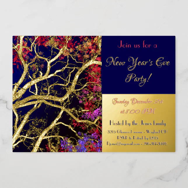 Golden Tree multicolor leaves / new year party Foil Invitation