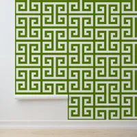 Avocado and White Large Greek Key Wallpaper