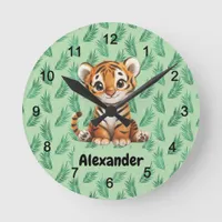 Cute Cartoon Tiger on Tropical Leaves Round Clock