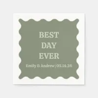 Best Day Ever Sage Green Chic Trendy Wavy Wedding  Napkins