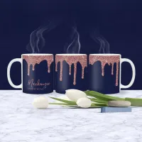 Chic Navy Blue Rose Gold Glitter Sparkle Drips Coffee Mug