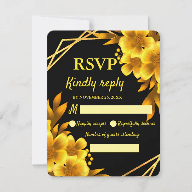 Autumn romance black gold floral geometric frame RSVP card