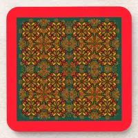 Red, Green & Gold Tapestry Pattern for Christmas Beverage Coaster