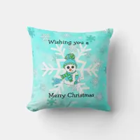 Merry Christmas Whimsical Snowman and Snowflake Throw Pillow