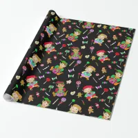 Cute Whimsical Christmas Elves and Candies Wrapping Paper