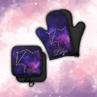 Gold Libra Constellation on Dark Galaxy | Oven Mitt & Pot Holder Set