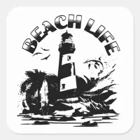 Black and White Lighthouse Beach Life Square Sticker