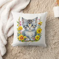 Watercolor Kitten in Pink and Yellow Flowers  Throw Pillow