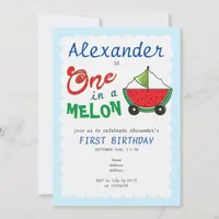 One in a Melon Blue Cute Pull Toy 1st Birthday Invitation