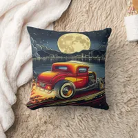 Vintage hot rod cruising by the moonlit waterfront throw pillow