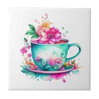 Pretty Vintage Coffee Cup with Pink Flowers Ceramic Tile