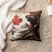 Beaver on a Tree With Canadian Flag and Mountains Throw Pillow