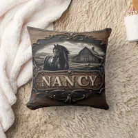 Horse and Barn Carving With Name on Wooden Sign Throw Pillow