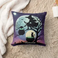 Witch brewing potions on Halloween night Throw Pillow