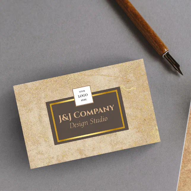 Elegant Gold Texture Brown Frame Logo Business Card