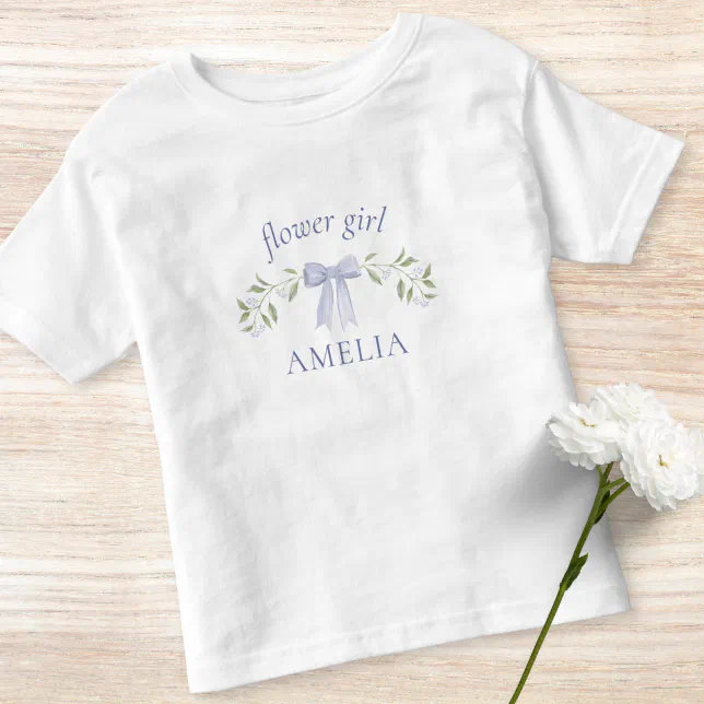 Cute Dusty Blue Bow & Floral Name Flower Girl Toddler T-shirt