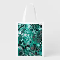 Teal and Black Bubbles Digital Fluid Art Cells  Grocery Bag